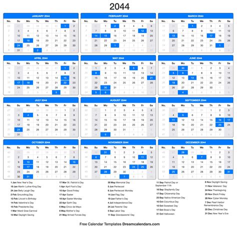 2044|2044 Calendar with Holidays & date picker